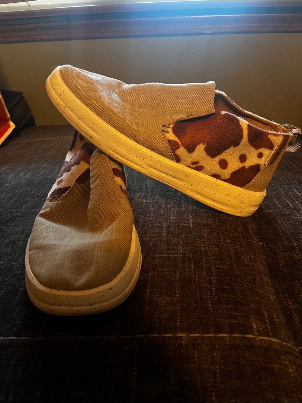 Hey Dude Tan Canvas Slip-On Sneakers with Cowhide Print Accent
